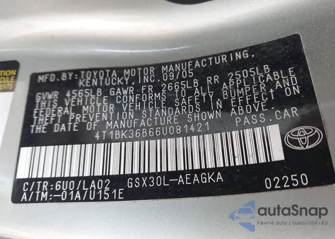 2006 Toyota Avalon Xls z USA, uszkodzony, nr VIN 4T1BK36B66U081421